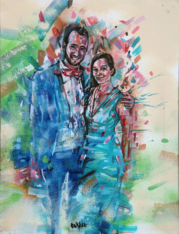 Photo en tableau de jeunes mariés en peinture par l'artiste Enkage