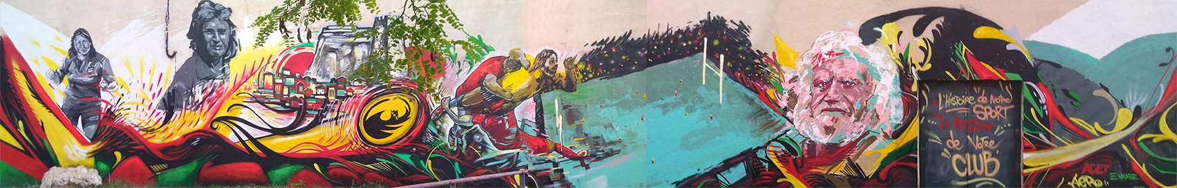 Fresque en peinture street art sur le sport par Enkage, Acet et Reflex