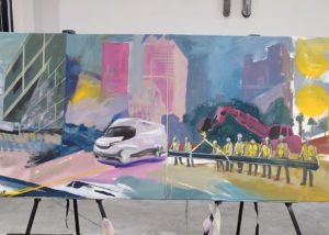 Live painting d'artiste près de Paris sur le thème de la ville et de la logistique