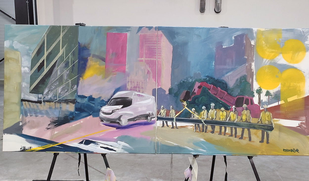 Live painting d'artiste près de Paris sur le thème de la ville et de la logistique