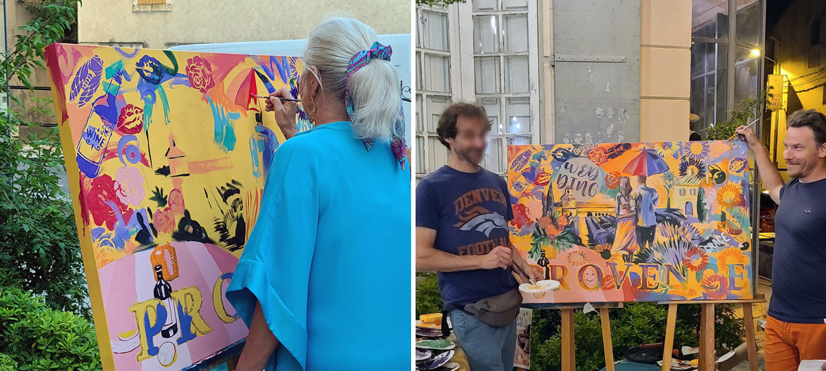 Plus de trente invités du mariage ont peint la toile avec des posca, de la peinture acrylique et des pochoirs